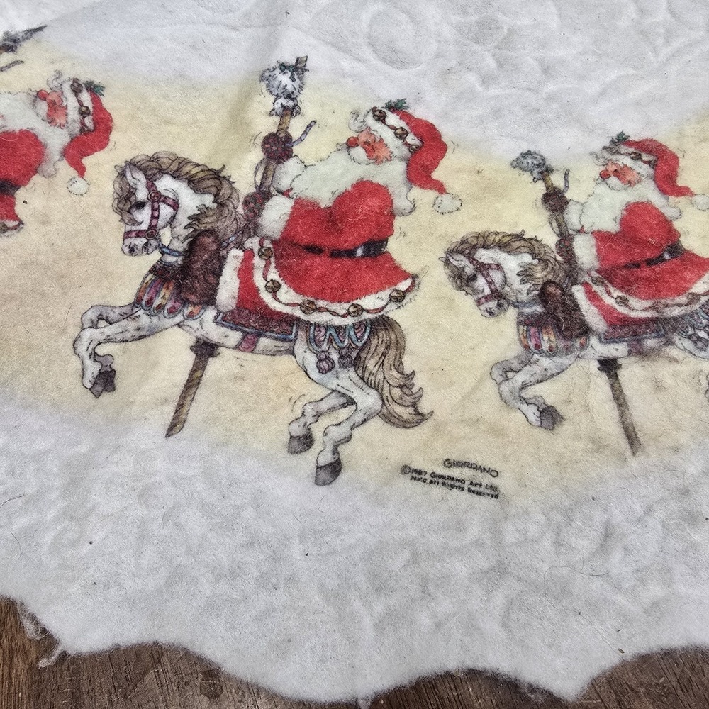 Vintage 1987 Giordano Art Christmas Tree Skirt Felt Santa Clause Carousel Themed